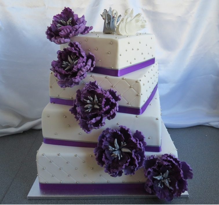 Purple Peony Wedding Cake with Swans